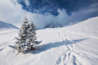 Scenic view of snowcapped mountains against sky