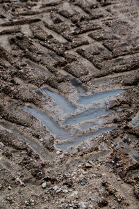 High angle view of tire tracks on muddy road