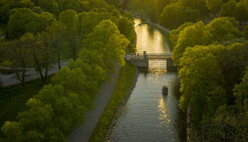 Bridge over river amidst trees during autumn