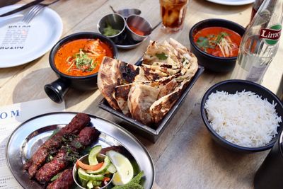 High angle view of food served on table