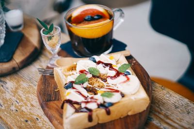 High angle view of food served on table