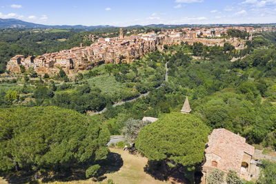 Aerial view of the medieval town of pitigliano in the province of grosseto on the hills 