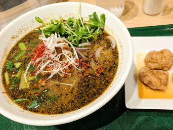 High angle view of meal served on table