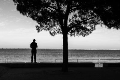 Silhouette man looking at sea against sky