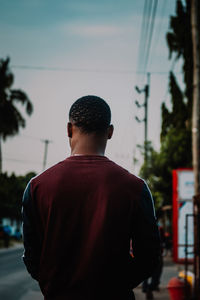 Rear view of man standing against sky at dusk