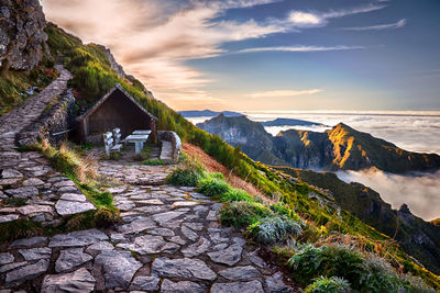 Scenic view of mountains against sky during sunset