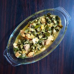 High angle view of vegetables in bowl on table