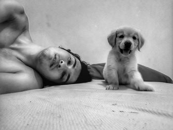 Portrait of cute boy with dog