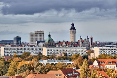 High angle view of buildings against cloudy sky