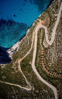 Aerial view of winding road by sea