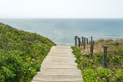 Wooden posts on footpath by sea against sky