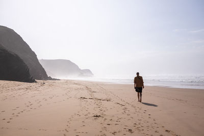 Rear view of man walking at beach against sky