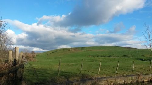 Scenic view of grassy field against cloudy sky