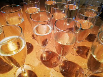 High angle view of wine glasses on table