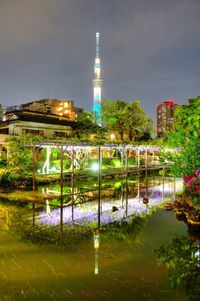 Reflection of illuminated buildings in water