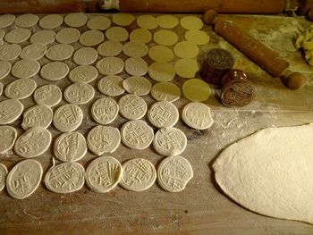 Close-up of coins on table