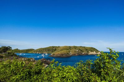 Scenic view of sea against clear blue sky