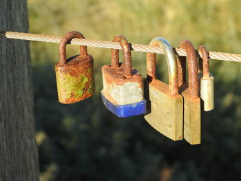 Close-up of padlocks on rope