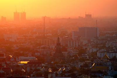 High angle view of cityscape during sunset