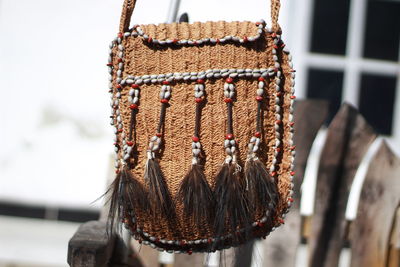 Close-up of decoration bag traditional of papua