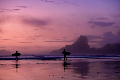 Silhouette man standing on beach against sky during sunset