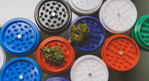 High angle view of marijuana plant on containers