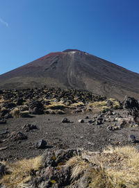 Scenic view of arid landscape against clear blue sky