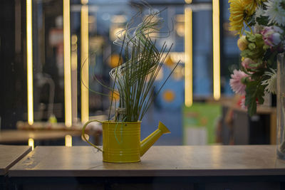 Close-up of yellow flower in vase on table