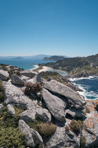 Aerial view of rocks on beach against clear blue sky