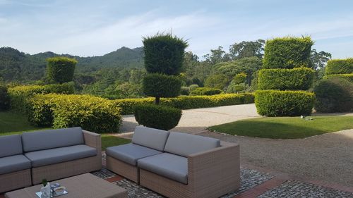 Scenic view of sofa against sky at home