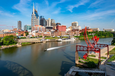 Bridge over river with buildings in background