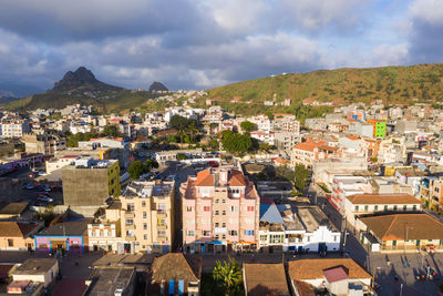 High angle view of townscape against sky