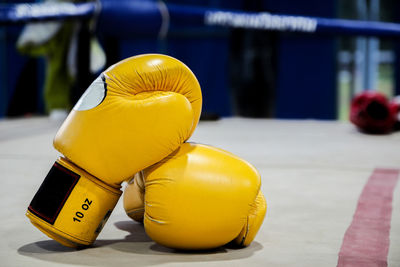 Close-up of gloves in boxing ring