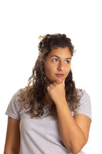 Portrait of a beautiful young woman over white background