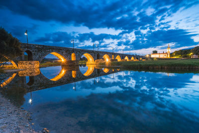 Bridge over river against sky at dusk