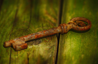 Close-up of rusty metal on grass