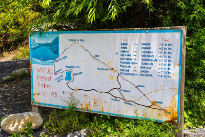Close-up of information sign on field