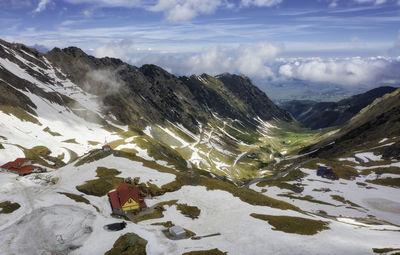 Scenic view of snowcapped mountains against sky