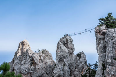 Low angle view of rock formation against clear blue sky