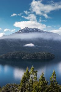 Scenic view of lake and mountains against sky