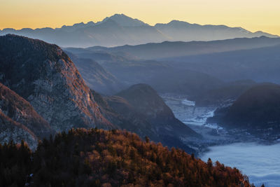 Scenic view of mountains against sky during sunset