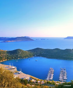 High angle view of bay against clear blue sky