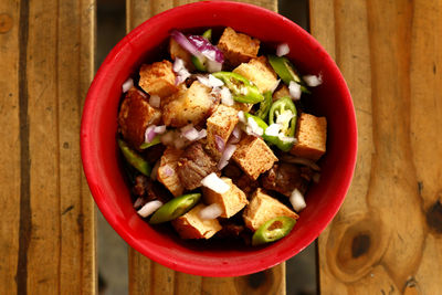 High angle view of salad in bowl on table