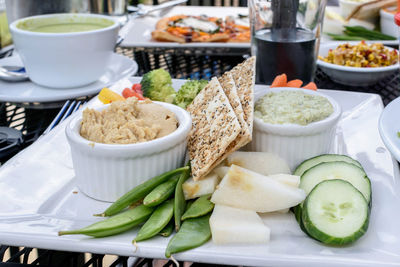 Close-up of food served on table