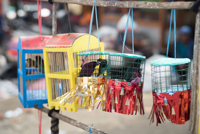 Close-up of clothes in cage for sale