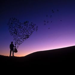 Silhouette of woman standing on landscape at sunset
