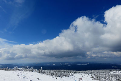 Scenic view of snow covered land against sky