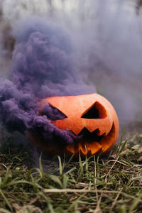 Close-up of pumpkin on field during halloween