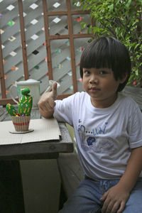 Portrait of boy sitting on sofa