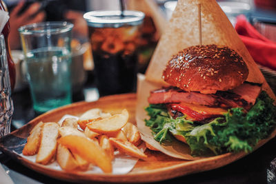 Close-up of burger in plate on table